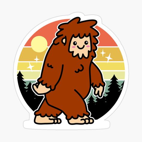 A cute kawaii version of bigfoot with a vintage background on a sticker. Bigfoot Sticker, Cute Bigfoot, Cute Kawaii Drawing, Bigfoot Illustration, Kawaii Ideas, 2025 Planner, Christmas Critters, Bigfoot Art, Inktober 2024