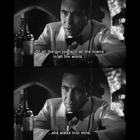 "Of all the gin joints in all the world . . . " --#Casablanca  #HumphreyBogart  #RickBlaine Casablanca Movie, Classic Movie Quotes, Bogart And Bacall, Sir Anthony Hopkins, Best Movie Quotes, Lauren Bacall, Humphrey Bogart, Cary Grant, Rita Hayworth