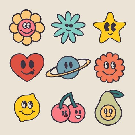 Cartoon Objects With Faces, Cartoon Objects, Typeface Poster, Retro Cartoon, Retro Cartoons, Scrapbook Journal, Smile Face, App Design, Premium Vector