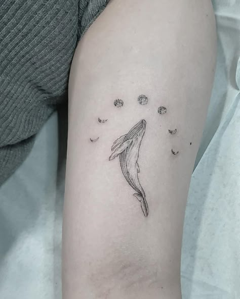 Whalein52 Tattoo, Delicate Whale Tattoo, Aesthetic Whale Tattoo, Celestial Whale Tattoo, Whale Tattoo Aesthetic, Blue Whale Tattoo Design, Two Whales Tattoo, Dainty Whale Tattoo, Whale Arm Tattoo