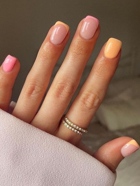 peach and pink French short nails Peach Nail Designs, This Summer, Acrylic Nails, Manicure, Nail Designs, Nails, Pink, Art