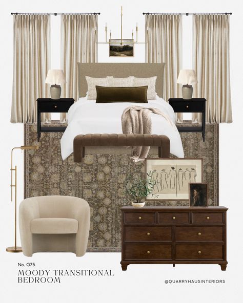 Neutral Bedroom Decor With Black Accents, Dark Wood Dresser Bedroom Ideas, Bedroom Inspirations Master Transitional, Dark Nightstand Bedroom, Moody Transitional Bedroom, Moody Bedroom Design, Moody Transitional, Mountain Modern Living Room, Dark Moody Bedroom