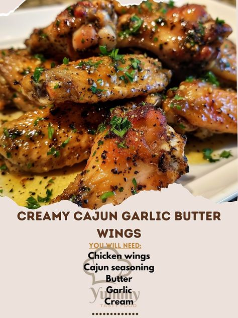 🍗 Indulge in our Creamy Cajun Garlic Butter Wings! 🌶️ #WingNight Creamy Cajun Garlic Butter Wings Ingredients: Chicken wings (2 lbs) Cajun seasoning (2 tbsp) Butter (1/4 cup) Garlic, minced (2 tbsp) Cream (1/2 cup) Parsley, chopped (1 tbsp) Instructions: Season wings with Cajun spice and bake at 400°F for 45 minutes. Melt butter, add garlic, cream, and parsley. Toss baked wings in sauce. 🍴 Savor the bold flavors of our Creamy Cajun Garlic Butter Wings! #CajunWings #GameDayEats Creamy Cajun Chicken Wings, Creamy Cajun Garlic Butter Wings, Wing Flavors Sauces, Cajun Wings, Butter Chicken Sauce, Cajun Spice, Baked Wings, Smothered Chicken, Appetizer Dishes