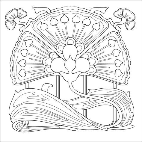 Art nouveau flower. Colouring page, pattern for embroidery, quilting etc. Art Deco Desen, Fleurs Art Nouveau, Art Deco Colors, Motifs Art Nouveau, Illustration Art Nouveau, Nouveau Tattoo, Art Deco Color, Coloring Pages For Grown Ups, Nouveau Illustration