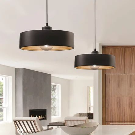 Joss & Main Dierks 1 - Light Single Drum Pendant - Wayfair Canada Glass And Copper Pendant Lights, Pendant Lighting Over Dining Table Farmhouse, Modern Contemporary Lighting, Champagne Bronze Pendant Light, Modern Light Fixtures Dining Tables, 3 Pendant Lights Over Island, Modern Black Light Fixture, Black Kitchen Lighting, Dining Room Pendant Lighting