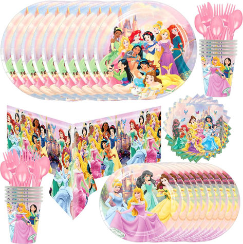 Princess Birthday Party Supplies Decorations for Girls Princess Birthday Tableware Includes Party Plates, Paper Cups, Knives, Forks and Spoons and Princess Tablecloth, Pink, 9“ #ad #disney #princess #disneyprincess #birthdayparty #girlsbirthdaypartyideas #birthdaypartythemes #brave #tangled #snowwhite #cinderella #belle #tiana #ariel #princessbirthdayparty 3 Year Princess Birthday Party, Disney Princess 3rd Birthday Party, Four Ever A Princess Birthday, Disney Princess Birthday Party Decor, Princesses Birthday Party Ideas, Princess 3rd Birthday Party, Disney Princess Theme Birthday Party, Girl Dinosaur Party, Princess Birthday Decorations