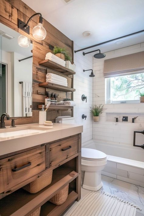 Rustic Half Bathroom Ideas, Mixing Modern And Farmhouse, Bathroom Joanna Gaines, Bathroom Shelf Decor, Modern Flooring, Over Toilet, Home Storage Solutions, Modern Farmhouse Bathroom, Small Farmhouse