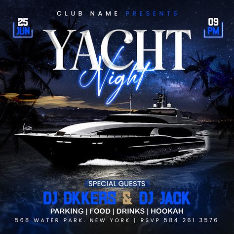 Yacht Party Flyer Boat Template#pikbest##Templates Boat Party Flyer Design, Yacht Party Flyer, Boat Template, Hair Logo Design, Summer Cocktail Party, Poster Artist, Party Night Club, Poster Template Design, Photography Movies