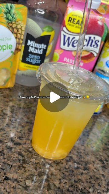 Chrisy Lala on Instagram: "Pineapple Passion Fruit Lemonade Refresher 🍍🍋💛  Follow @chrisylalaa for more easy drink recipes at home🫶🏽  #starbucks #starbucksathome #summerdrink #summerlemonade #drinkporn #drinkrecipes #easyrecipes #starbucksdrinks #starbucksrefreshers" Dunkin Mango Pineapple Refresher Recipe, Passion Fruit Lemonade, At Home Starbucks, Lemonade Refresher, Fruit Lemonade, Summer Lemonade, Party Drinks Alcohol, Starbucks Diy, Frozen Lemonade