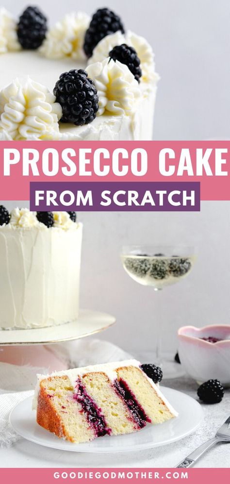 Prosecco cake, aka champagne cake, is a great way to celebrate! This tender layer cake recipe is easy to make, and delicious!   #champagnecake #proseccocake #layercake #dessertideas #dessertrecipe #fromscratch Champagne Raspberry Cake, Berry Champagne Cake, Champagne Cake Design Birthday, Fancy Cake Recipes, Wine Cake Recipe, Champagne Birthday Cake, Strawberry Champagne Cake, Champagne Cakes, Nye Cake