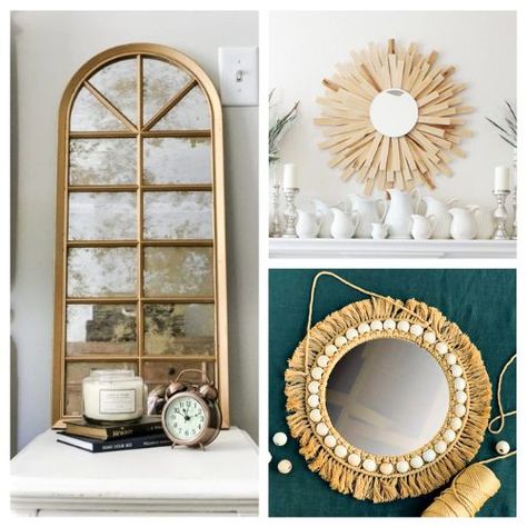 Beautiful mirror upcycles for whole and broken mirrors. Pretty upcycles for modern looks and vintage weathered looks, plus and few mosaics. Wood Full Length Mirror, Gold Sunburst Mirror, Diy Map, Macrame Mirror, Mirror Frame Diy, Mirror Makeover, Old Mirrors, Trifold Mirror, Mirror Crafts