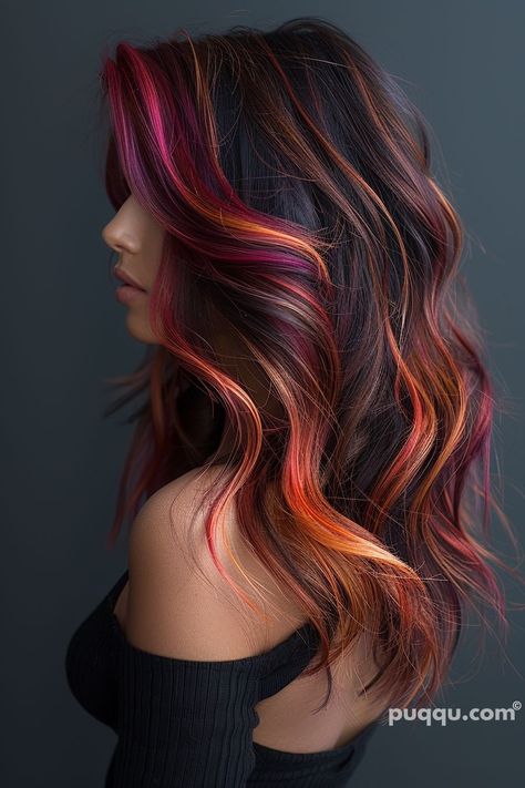 Brunette Hair Color Ideas - Explore Stunning Shades - Puqqu Dark Hair Vivids, Blue Hair On Light Brown Hair, Hair Color Inspo Colorful, Colorful Tips Hair, Vibrant Hair Highlights, Plum And Copper Hair, Awesome Hair Color Ideas, Hair Color Design Ideas, Purple Copper Hair