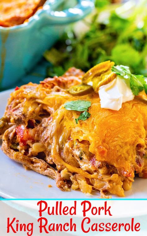 Pulled Pork King Ranch Casserole Recipe Using Pulled Pork, Pulled Pork Casserole, King Ranch Casserole, Pulled Pork Leftover Recipes, Spicy Southern Kitchen, Pork Casserole, Ranch Casserole, Pulled Pork Leftovers, Southern Kitchen