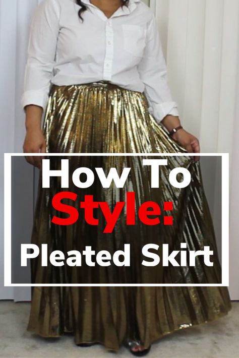 Gold Pleated Maxi Skirt Outfit, Metallic Pleated Skirt Outfits, Pleated Leather Skirt Outfit, How To Style Pleated Skirt, Long Pleated Skirt Outfit, Gold Skirt Outfit, Style A Pleated Skirt, Pleated Maxi Skirt Outfit, Metallic Skirt Outfit