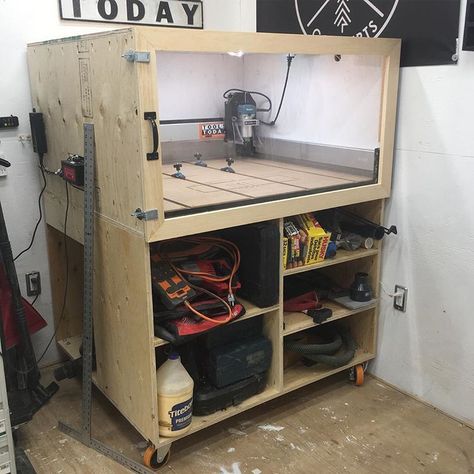 Here is the CNC cabinet all finished up! I just have to get the dust collection plumbed in. 👌 The new enclosure is pretty awesome for sound… Cnc Dust Collection, Cnc Cabinet, Cnc Enclosure, Laser Accessories, Tools Box, Router Cnc, Cnc Ideas, 3d Cnc, Cnc Design