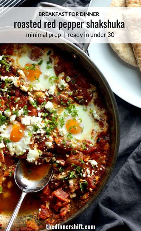 Serve up a savory and healthy "breakfast for dinner" in under 30 minutes with this Roasted Red Pepper Shakshuka, aka eggs in purgatory. It's delicious topped with crumbled feta cheese with warm toasted pita bread for dunking. #thedinnershift #breakfastfordinner #shakshuka #eggsinpurgatory Roasted Red Pepper Shakshuka, Eggs In Spicy Tomato And Roasted Red Pepper Sauce (shakshuka), Healthy Breakfast For Dinner, Red Pepper Breakfast, Easy Shakshuka Recipe, Eggs In Purgatory, Egg Roast, Shakshuka Recipes, Roasted Red Pepper Sauce