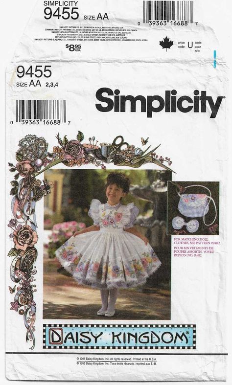 Simplicity 9455 / 0637 UNCUT Sewing Pattern Toddler Size: 2 - 3 - 4 Chest: 21 - 22 - 23 Waist: 20 - 20 1/2 - 22 1/2 Hip: up to - 24 Daisy Kingdom Dress, Pinafore Sewing Pattern, Daisy Kingdom, Purse Sewing Patterns, Girl Dress Pattern, Hat Patterns To Sew, Sewing Patterns Girls, Pants Sewing Pattern, Sewing Purses