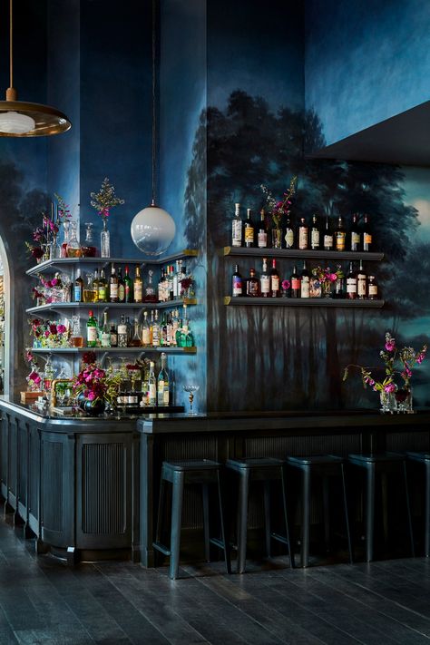 SoHo’s Roman and Williams Store Now Has an Intimate Speakeasy Bar | Vogue Blue Cabinet, Upholstered Banquette, Speakeasy Bar, Roman And Williams, Window Designs, French Restaurants, Brick Facade, Luxe Interiors, French Inspired