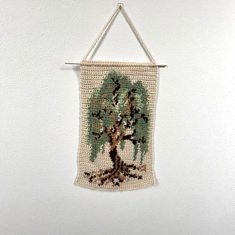 insta: @kazziecrochet Crochet Tree Tapestry, Tree Tapestry Crochet, Crochet Tapestry Room Decor, Plant Tapestry Crochet, Tree Tapestry, Crochet Plant, Crochet Tapestry, Willow Tree, Tapestry Crochet