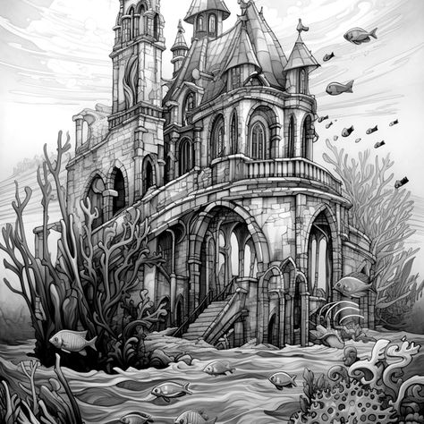 Underwater Castle Drawing, Sunken Ruins, Underwater Castle, Sea Drawing, Castle Drawing, Castle Painting, City Drawing, Castle Designs, Mystical Creatures