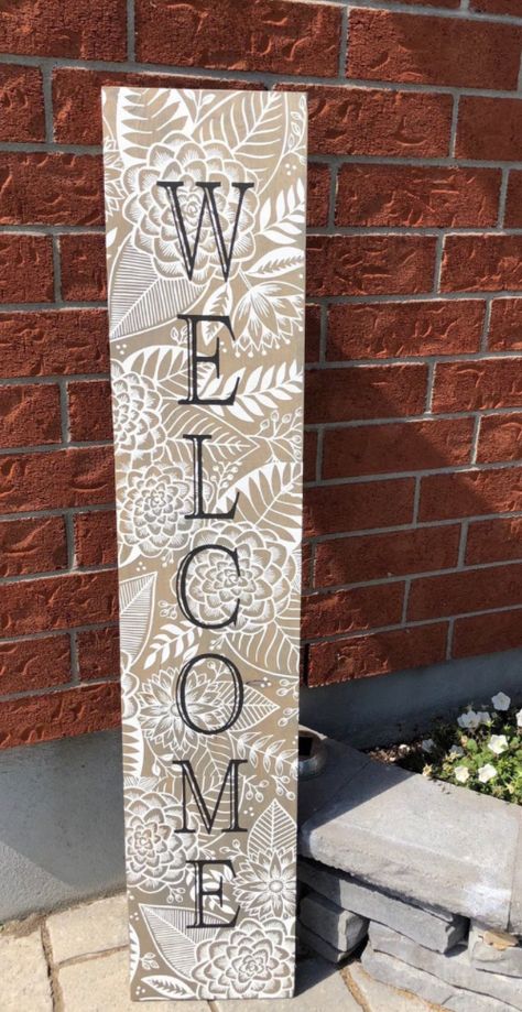 Wood Signs Sayings Front Porch, Floral Welcome Sign Front Doors, Long Welcome Sign Front Porches, Welcome Porch Leaners, Leaning Porch Signs, Painted Welcome Signs On Wood, House Welcome Signs, Welcome Porch Leaner, Painted Welcome Sign