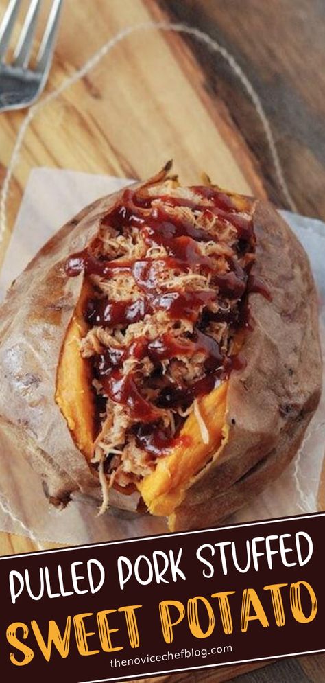 Give this Pulled Pork Stuffed Sweet Potato a try on this year's Thanksgiving! This recipe is a great way to use up leftover pulled pork. Topped with an extra drizzle of BBQ sauce, one bite of this dinner idea will have you falling in love! Add this to your holiday menu! Stuffed Sweet Potato, Easy Slow Cooker Recipes, Think Food, Pork Dishes, 100 Days, Pulled Pork, Cooker Recipes, Pork Recipes, I Love Food