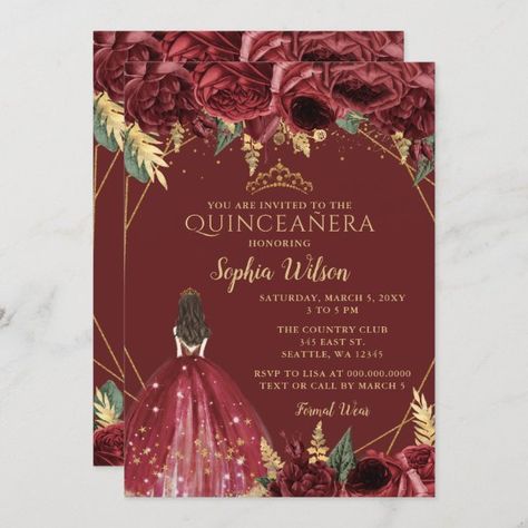 Burgundy Gold Floral Princess Quinceañera Quince Invitation Princess Sweet 16, Quince Invitations, Floral Tiara, Princess Birthday Invitations, Sweet Sixteen Invitations, Rich Burgundy, Sweet 16 Invitations, Quinceanera Invitations, Sweet 16 Birthday