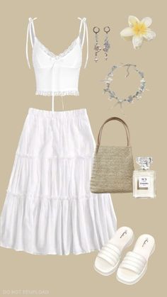 summer dress White Flowy Skirt Outfit, White Skirt Outfit Summer, Flowy Skirt Outfit, White Maxi Skirt Outfit, Maxi Skirt Outfit Summer, Beach Vibes Outfit, Luau Outfits, Skirt Outfits Aesthetic, White Skirt Outfits