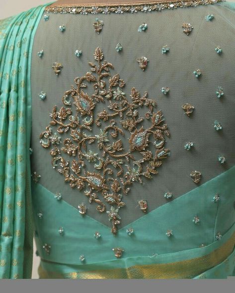 Hand Work Net Blouse Design, Aari Latest Blouse Design, Bridal Blouse Net Design, Stylish Aari Work Blouse, Net Blouse Work Designs Latest, Net Hand Blouse Designs, Net Blouse Designs With Aari Work, Bridal Blouse With Net, Back Neck Net Aari Work