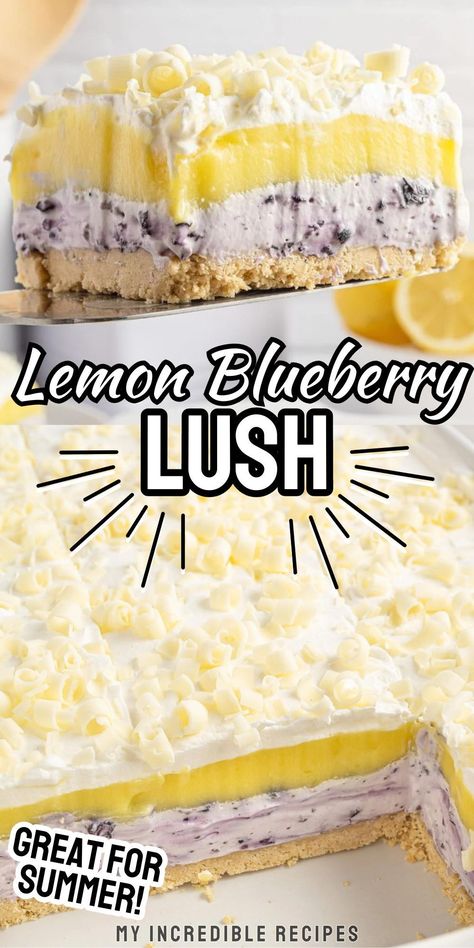 This lemon blueberry lush is a refreshing layered dessert. Blueberry cheesecake layer, Golden Oreos, lemon pudding, and a Cool Whip topping creates a delightful sweet treat. This no-bake dessert is sure to be a hit at your next potluck or picnic. Try it today! Lemon Blueberry Lush Dessert, Pudding Desserts No Bake, Lemon Blueberry Lush, Turtle Lush Recipe, No Bake Lemon Blueberry Dessert, Fruit Pudding Dessert, Lemon Layered Dessert, Lemon Oreo Dessert, No Bake Lemon Desserts