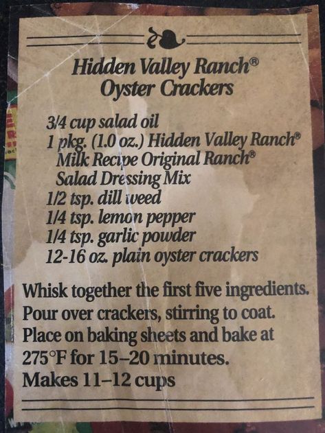 Oyster Crackers Recipe, Ranch Oyster Crackers, Seasoned Crackers, Dessert Chef, Wooden Curtain, Hidden Valley Ranch, Oyster Crackers, Chex Mix Recipes, Lake Food Ideas Summer