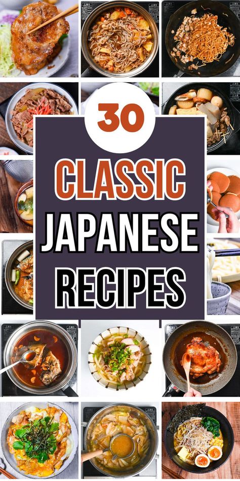 30 classic Japanese recipes featuring popular dishes like ramen, gyudon, miso soup, grilled chicken, and udon for traditional meal inspiration. Curry Over Rice, Beef Rice Bowls, Traditional Japanese Breakfast, Traditional Japanese Recipes, Authentic Asian Dishes, Japanese Breakfast Traditional, Authentic Japanese Recipes, Curry Bread, Healthy Japanese Recipes