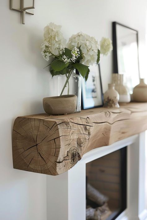 Fireplace Driftwood Mantle, Organic Modern Fireplace Mantle, Driftwood Fireplace Mantle, Wood Mantle Decor, Fireplace Wood Mantle, Fireplace Hearth Ideas, Lake Condo, Floating Mantel Shelf, Wood Mantle Fireplace