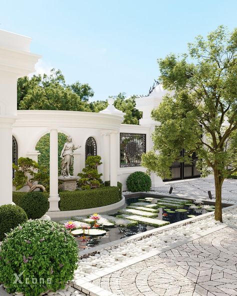 Classic Garden Design Landscaping, Classic Landscape Design, Neo Classic Villa, Classic Garden Design, Neoclassical Villa, Dining Room Design Luxury, Roman Garden, Outdoor Restaurant Design, Best Modern House Design