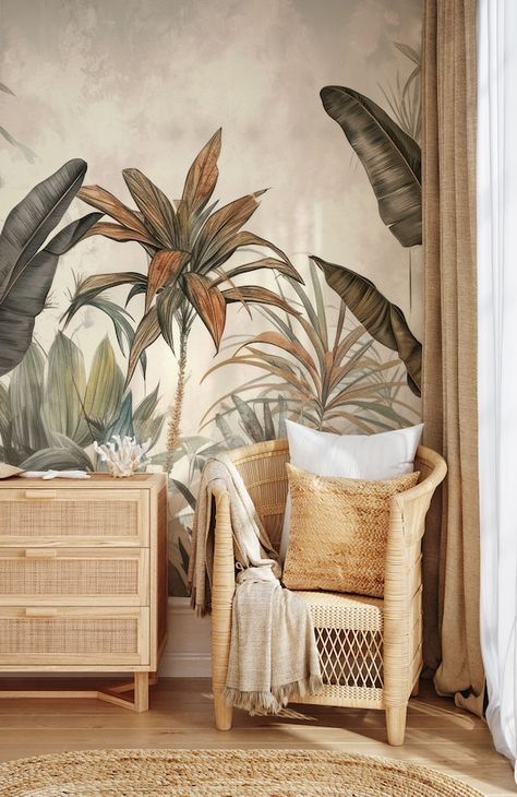 Vintage Tropical Leaf Wallpaper Wall Decor Home Renovation Wall Art Peel and Stick or Non Self-adhesive Vinyl Wallpaper - Etsy Canada Wallpaper Restaurant Design, Boho Wallpaper Room, Tropical Style Interior Design, Tropical Mural Painting, Boho Moodboard, Tropical Leaf Wallpaper, Bali Aesthetic, Tropical Bedroom, Tropical Interiors