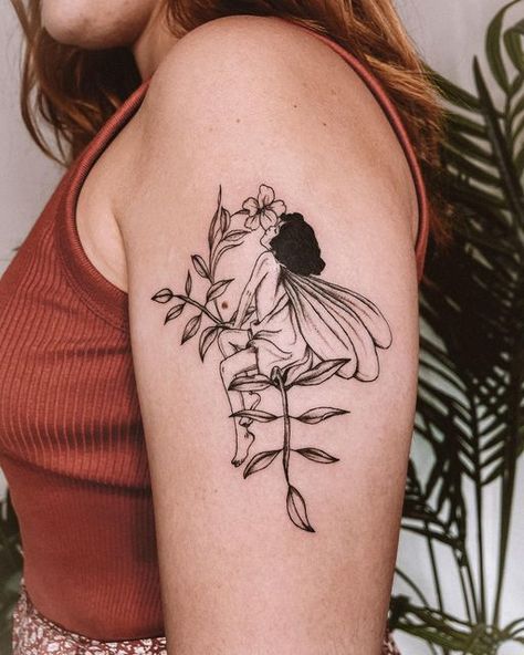 Fairy On A Flower Tattoo, Flower Fairy Tattoo Designs, Fairy And Flowers Tattoo, Fairy Sitting On Flower Tattoo, Fairy Pinup Tattoo, Flower Fairies Tattoo, Fairy And Flower Tattoo, Fairy Tattoo Designs Vintage, Whimsical Flower Tattoo