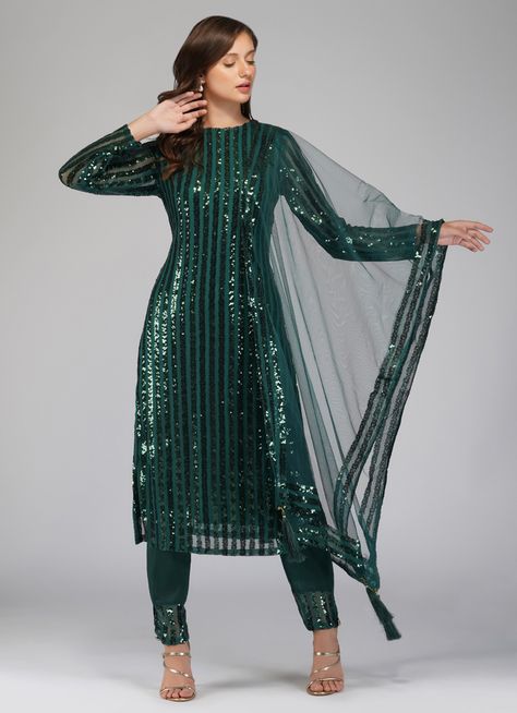 Net Suits Design Indian Straight, Sequin Suits Indian, Net Suits Design Indian, Green Indian Suit, Sequin Kurti, Suit Designs Indian Style, Plazo Kurti, Sequin Suit, Indian Clothing Brands