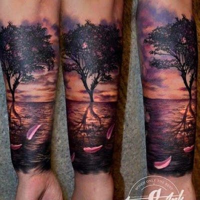 Badass Tattoos For Men, Sunset Tattoos, Men Tattoo, Cool Arm Tattoos, Forest Tattoos, Badass Tattoos, Up Tattoos, Cover Up Tattoos, Arm Tattoos For Guys