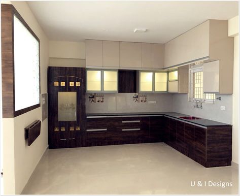 Here you will find photos of interior design ideas. Get inspired! Kitchen With Pooja Room, Pooja Room In Kitchen, Pooja Room In Kitchen Ideas, Profile Handles, Kitchen Appliances Design, Modular Kitchen Cabinets, Bedroom Cupboard, Building Front, Bedroom Cupboard Designs