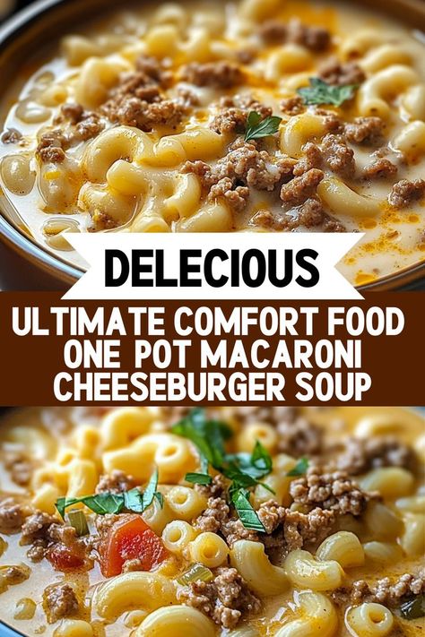 Experience the Ultimate Comfort Food with this One-Pot Macaroni Cheeseburger Soup! This delicious recipe brings together rich beef broth, tender macaroni, and melted cheddar cheese to create a creamy, savory soup that’s perfect for any occasion. Ideal for cold weather or a cozy family meal, this one-pot dish is not only easy to make but also customizable. Add your favorite veggies or spices to tailor it to your taste. Enjoy a filling and satisfying meal that will warm your heart! Velveeta Soup Recipes Ground Beef, Cheeseburger Soup Instapot, Cheeseburger Soup Macaroni, Hamburger Mac And Cheese Soup, Macaroni Cheeseburger Soup Crockpot, Cheeseburger Mac Soup, Mac And Cheeseburger Soup, Macaroni Cheeseburger Soup No Velveeta, One Pot Cheeseburger Macaroni Soup