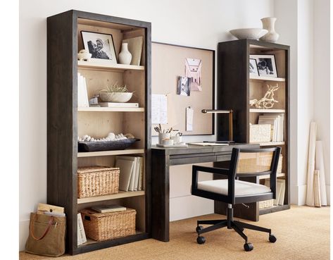 The Spring Lookbook | Pottery Barn Small At Home Office, At Home Office Space, Pottery Barn Bookcase, Wide Bookcase, Office Bookshelves, At Home Office, No Closet Solutions, Office Guest Room, Home Office Ideas