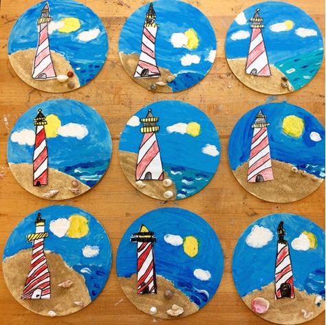 Art with Mr. Giannetto: 2017 Butterfly Mosaics, Lighthouse Keepers Lunch, Clay Octopus, Lighthouse Crafts, Summer Art Projects, Wood Butterfly, Model Magic, Seaside Art, Lighthouse Art