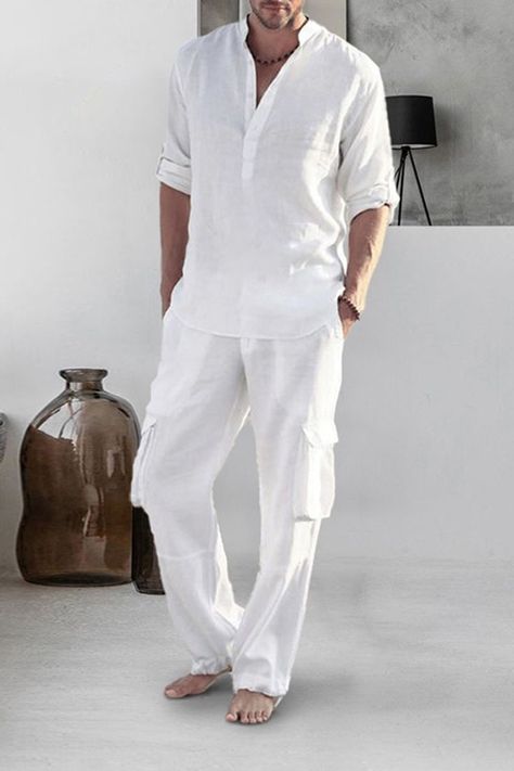 White Linen Outfit For Men, Linen Outfits For Men, Linen Shirt And Pants, All White Mens Outfit, Linen Outfit Men, White Linen Outfit, Mens Linen Outfits, All White Party Outfits, White Henley