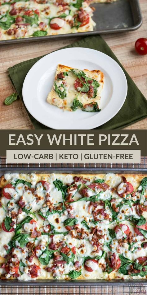 An easy to make keto low carb white sauce pizza recipe. The crust cooks right in the pan with no rolling required. It's sure to become a regular! | LowCarbYum.com Low Carb Crust, White Sauce Pizza Recipe, White Sauce Pizza, Easy White Sauce, White Pizza Sauce, Low Sugar Diet Recipes, Dinner Recipes Healthy Low Carb, Healthy Low Carb Snacks, Low Carb Low Fat Recipes