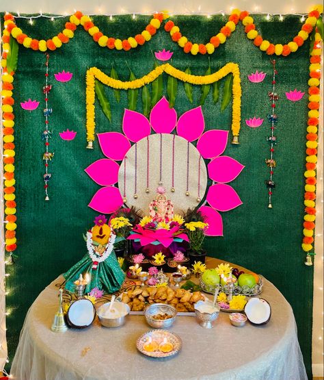 Diy backdrop for ganesha festival Do follow for more creative ideas Ganesha Festival Decoration Ideas, Ganesha Festival Decoration, Ganesha Backdrop Decoration, Festival Decoration Ideas, Ganesha Festival, Ganpati Decor, Creative Backdrops, Diy Backdrop, Background Decoration