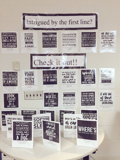 Our students loved this Famous First Lines display! Famous First Lines Bulletin Board, Love At First Line Book Display, School Library Decor, Reading Display, Library Week, Ward Christmas Party, Library Media Center, Award Display, Library Boards