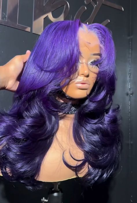 Purple Ombre Wig Black Women, Purple Updo Wig, Purple Wig Outfit, Purple Wig Hairstyles, Color Wigs On Dark Skin Women, Purple Wigs Black Women, Purple Hair On Dark Skin, Black And Purple Wig, Colored Wigs On Dark Skin