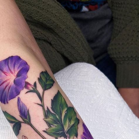 Morning Glory Hand Tattoo, Morning Glory Tattoos For Women, September Flower Tattoo Morning Glories, Morning Glory Tattoo Color, Morning Glory Forearm Tattoo, Neotraditional Morning Glory Tattoo, Glory Tattoo, Morning Glory Tattoo, Realistic Flower Tattoo