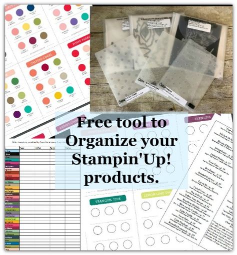 Organize your Stampin'Up! products with Frenchie, Inventory Sheet for Stampin'Up! cardstock, ink...video Stampin Up Organization Ideas, Stampin Storage, Stampin Up Stamp Storage, Stamp And Die Storage, Stamp Storage Ideas Organizing, Organizing Stampin Up Stamp Sets, Craft Supplies Inventory, Rubber Stamp Storage, Paper Bag Scrapbook