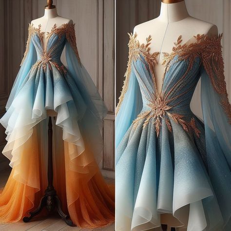 Air Inspired Dress, Air Element Dress, Prom Dress Diy, Elemental Fashion, Gold Christmas Dress, Blue And Orange Dress, Earth Dress, Ombre Dresses, Harem Dress